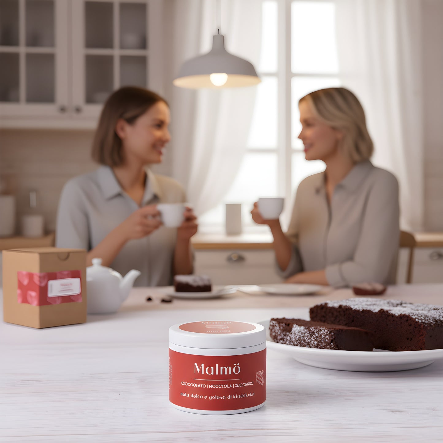 Candela artigianale Hyggekrog Malmö al profumo di cioccolato e nocciola su un tavolo imbandito con torta al cioccolato e tazze di tè. Sullo sfondo due donne chiacchierano in una cucina luminosa in stile nordico, atmosfera hygge e accogliente.