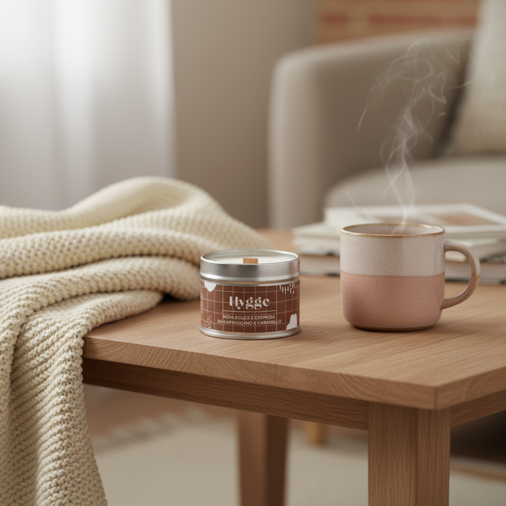 candela hygge su un tavolino in legno cosy