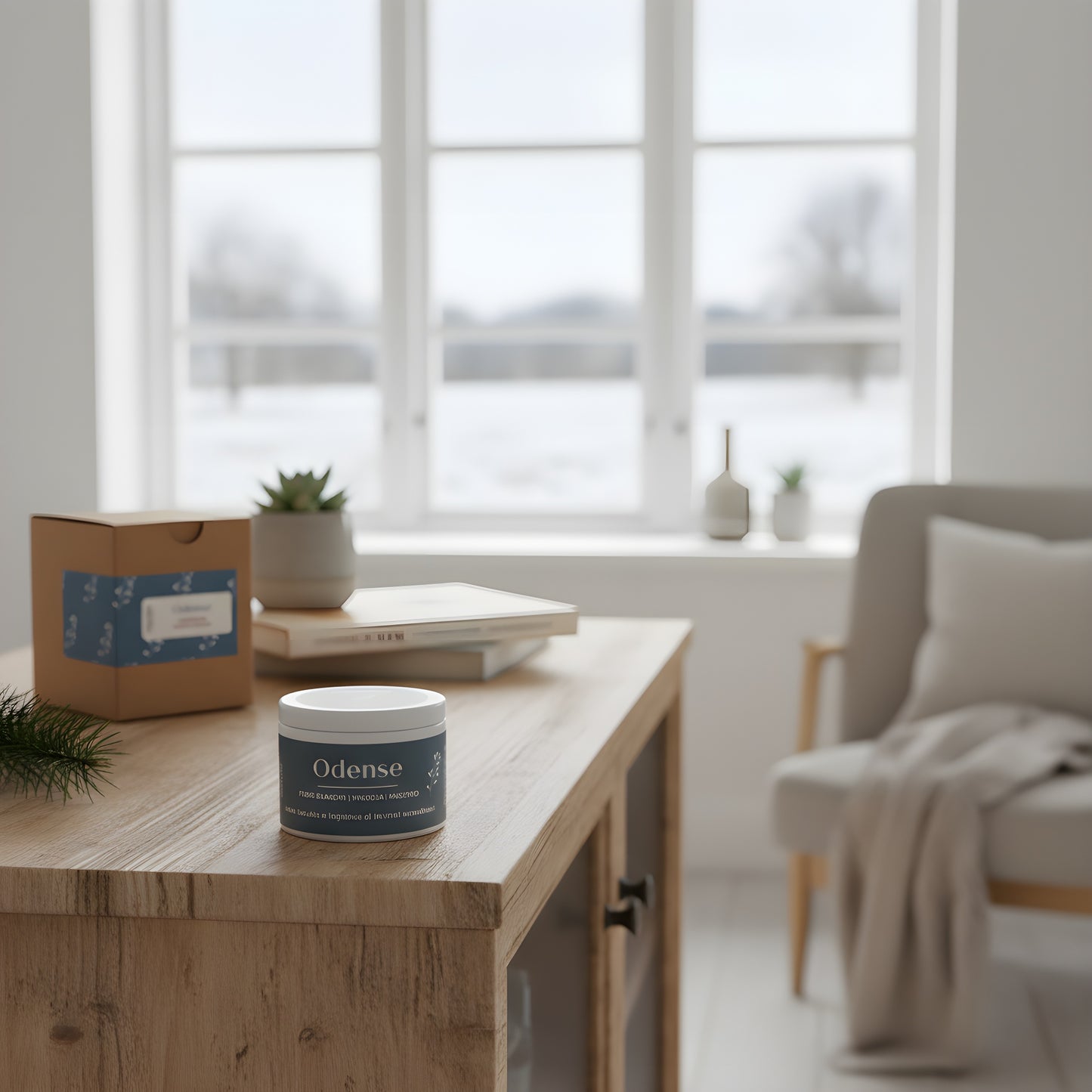 candela artigianale in cera di soia del brand Hyggekrog, ispirata alla città scandinava Odense. Ambientata in un salotto nordico con paesaggio invernale.