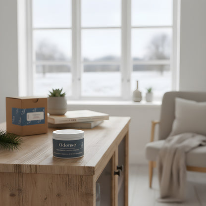 candela artigianale in cera di soia del brand Hyggekrog, ispirata alla città scandinava Odense. Ambientata in un salotto nordico con paesaggio invernale.