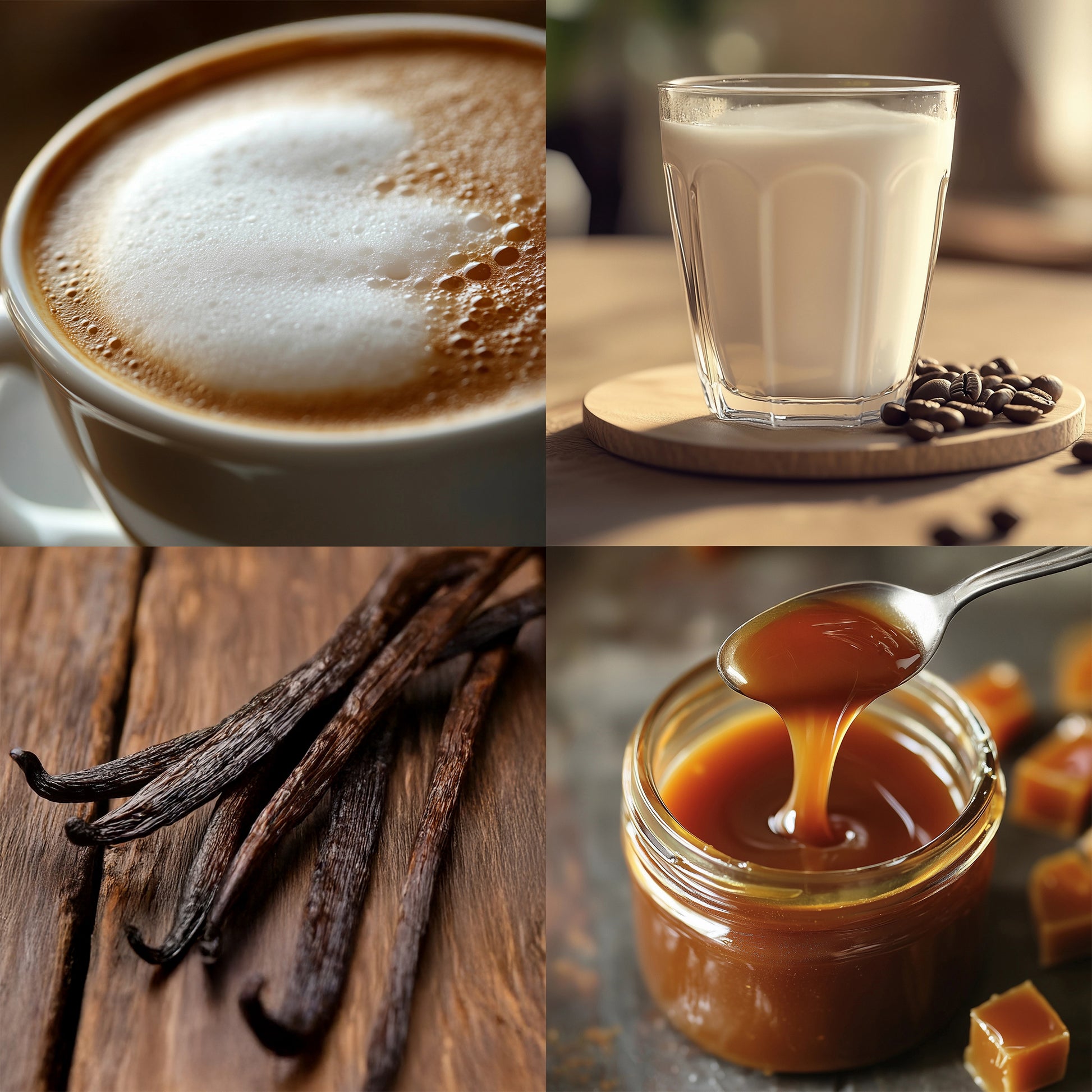 ingredienti candela hygge: cappuccino, caramello, latte, caffè, vaniglia bourbon